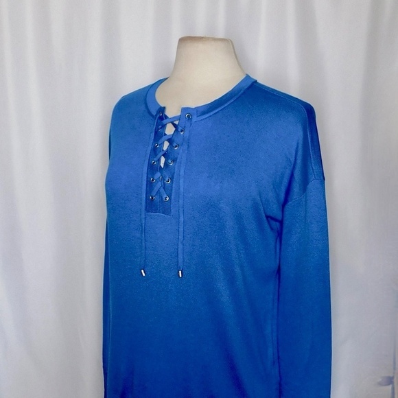SAKS FIFTH AVENUE Blue Lace Up Silk Cashmere Pullover Sweater Solid Medium - Picture 5 of 10